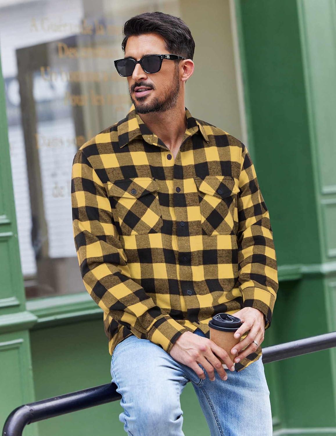 imageCOOFANDY Mens Flannel Shirts Long Sleeve Casual Plaid Button Down Shirt Cotton Shirt Cowboy Work Shirts with PocketsYellow