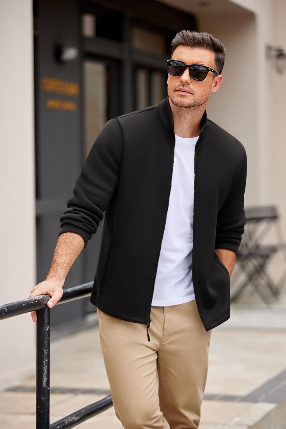 imageCOOFANDY Mens Fleece Jacket Zip Up Lightweight Sweater Jackets Casual Warm with Pockets for Home Office HikingBlack