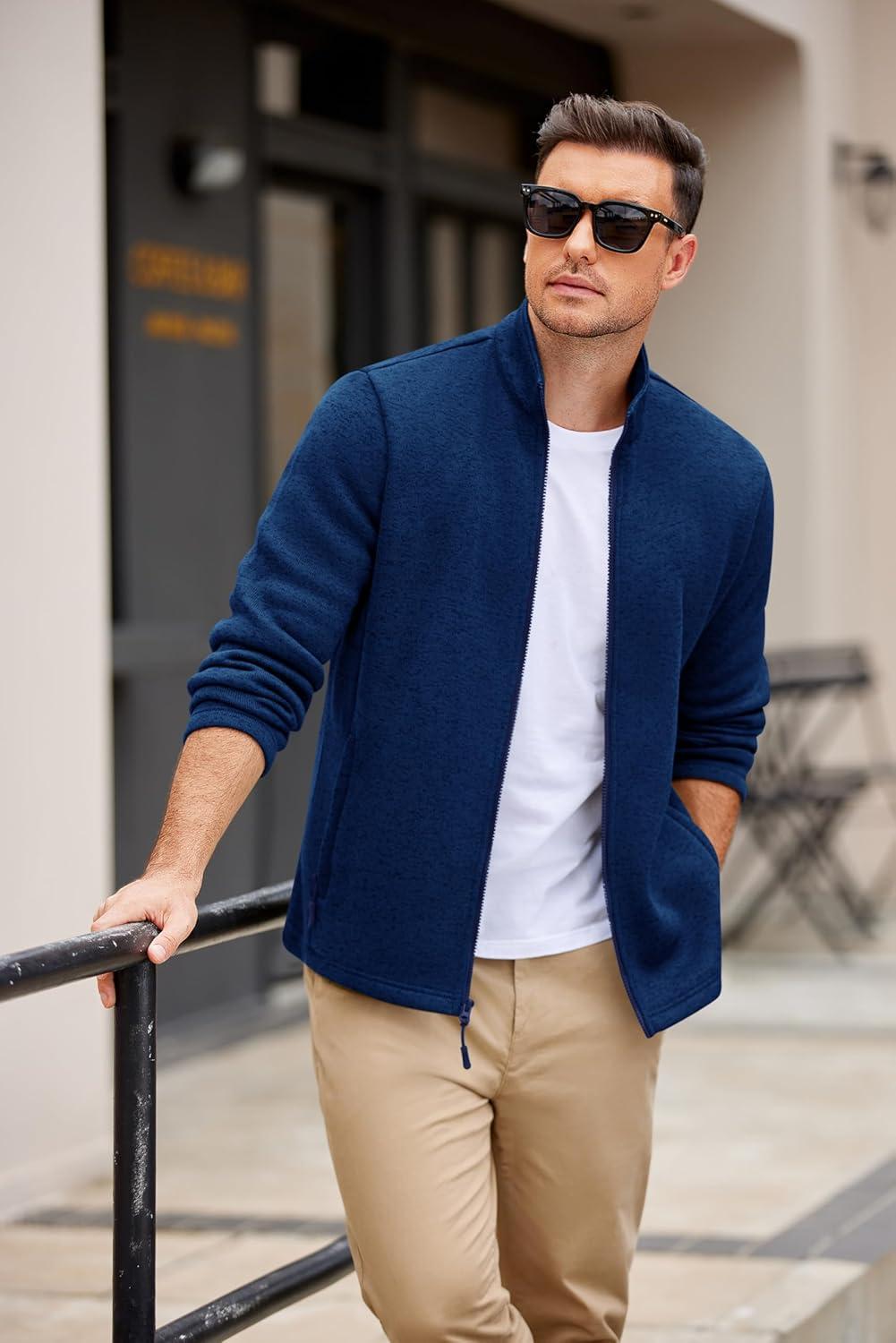 imageCOOFANDY Mens Fleece Jacket Zip Up Lightweight Sweater Jackets Casual Warm with Pockets for Home Office HikingBlue