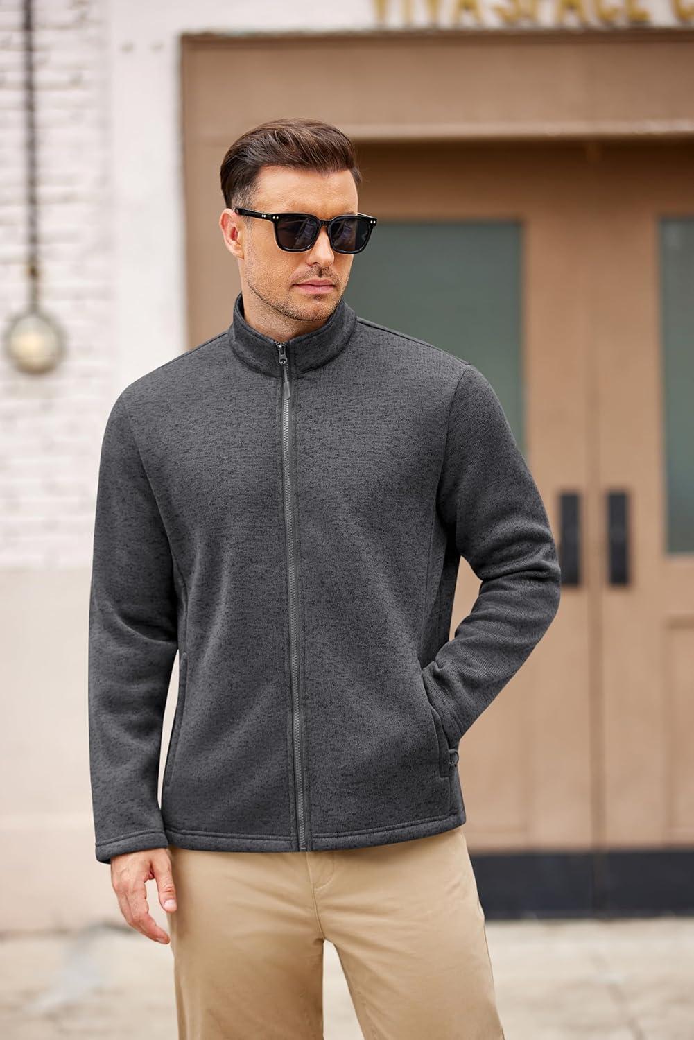 imageCOOFANDY Mens Fleece Jacket Zip Up Lightweight Sweater Jackets Casual Warm with Pockets for Home Office HikingDark Gray