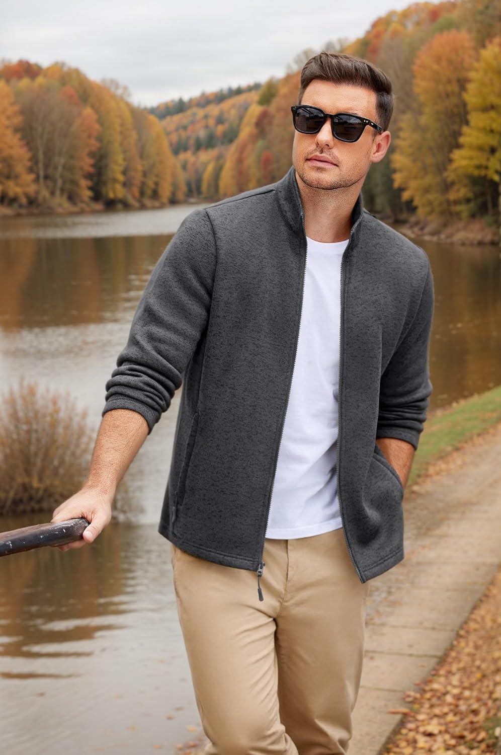 imageCOOFANDY Mens Fleece Jacket Zip Up Lightweight Sweater Jackets Casual Warm with Pockets for Home Office HikingDark Gray