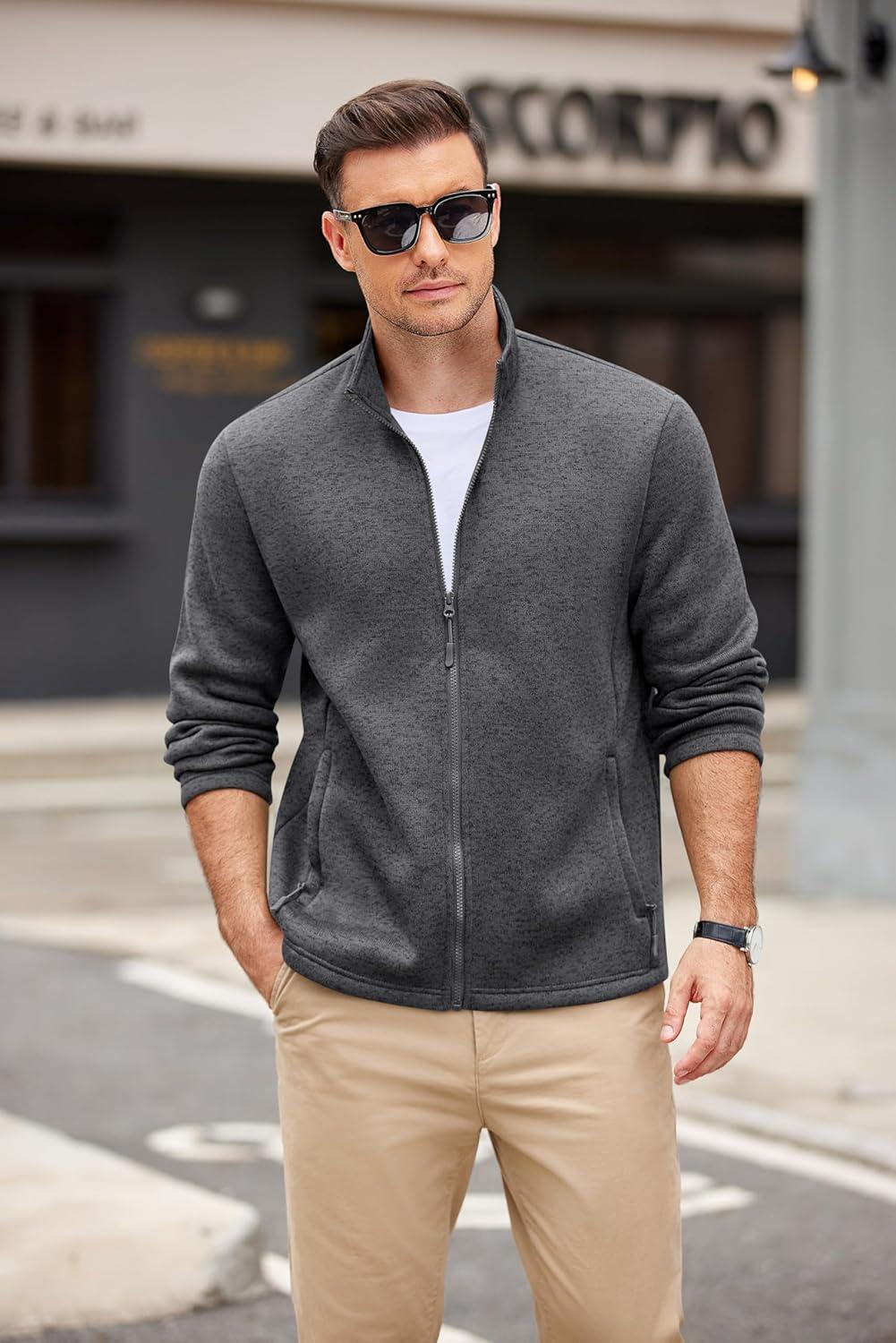 imageCOOFANDY Mens Fleece Jacket Zip Up Lightweight Sweater Jackets Casual Warm with Pockets for Home Office HikingDark Gray