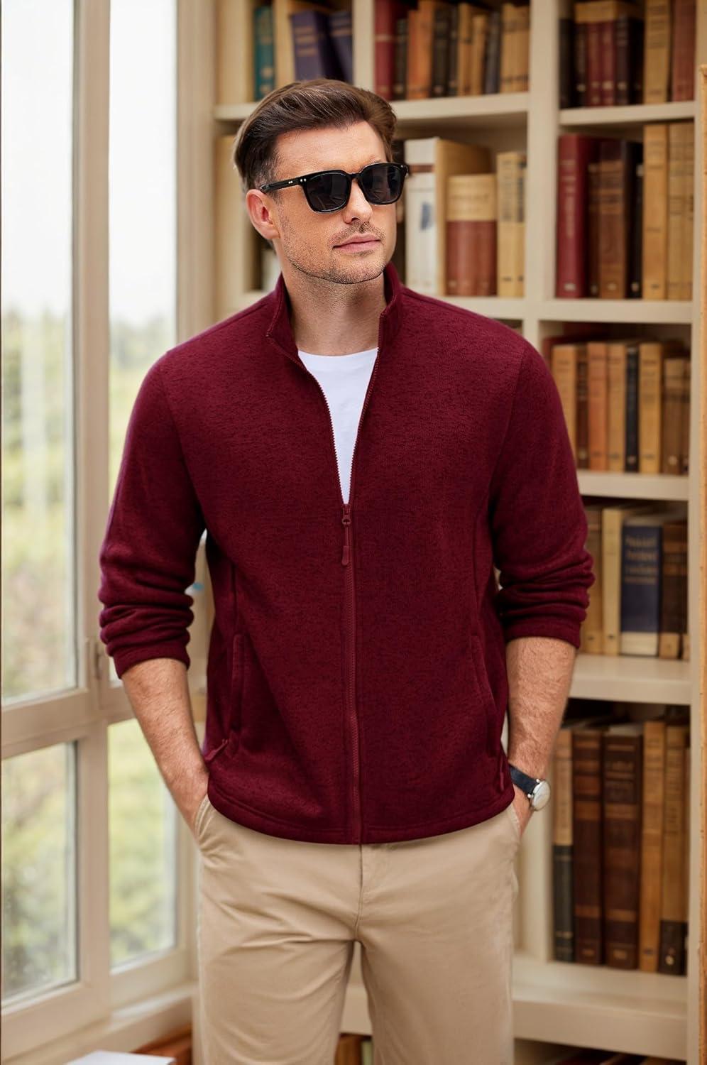 imageCOOFANDY Mens Fleece Jacket Zip Up Lightweight Sweater Jackets Casual Warm with Pockets for Home Office HikingRed