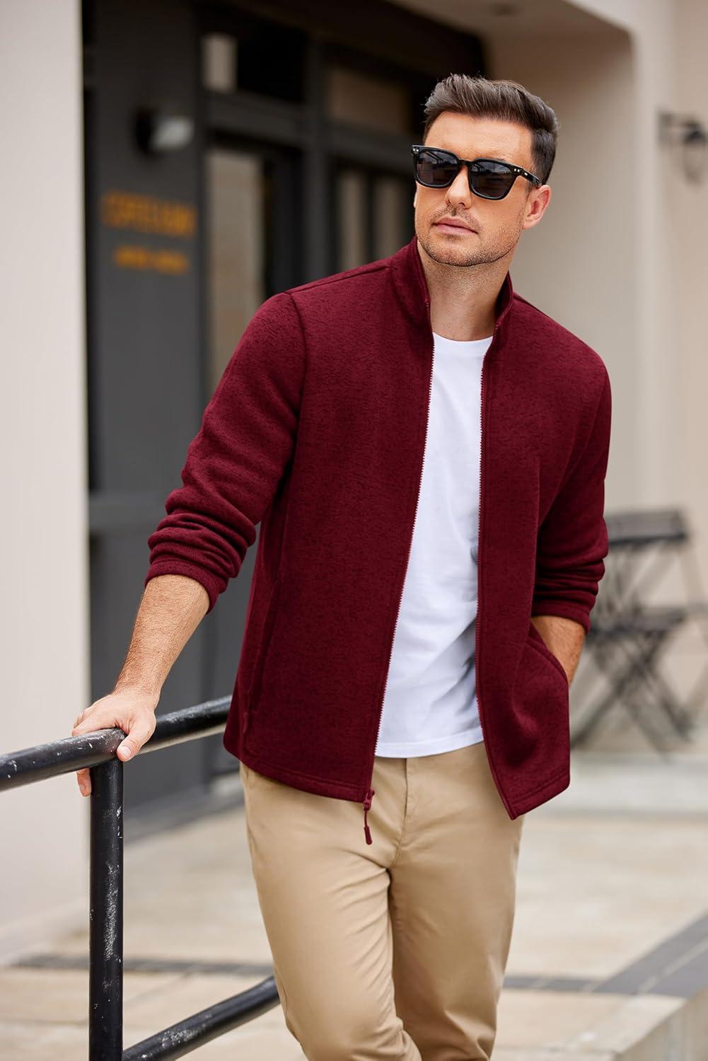 imageCOOFANDY Mens Fleece Jacket Zip Up Lightweight Sweater Jackets Casual Warm with Pockets for Home Office HikingRed