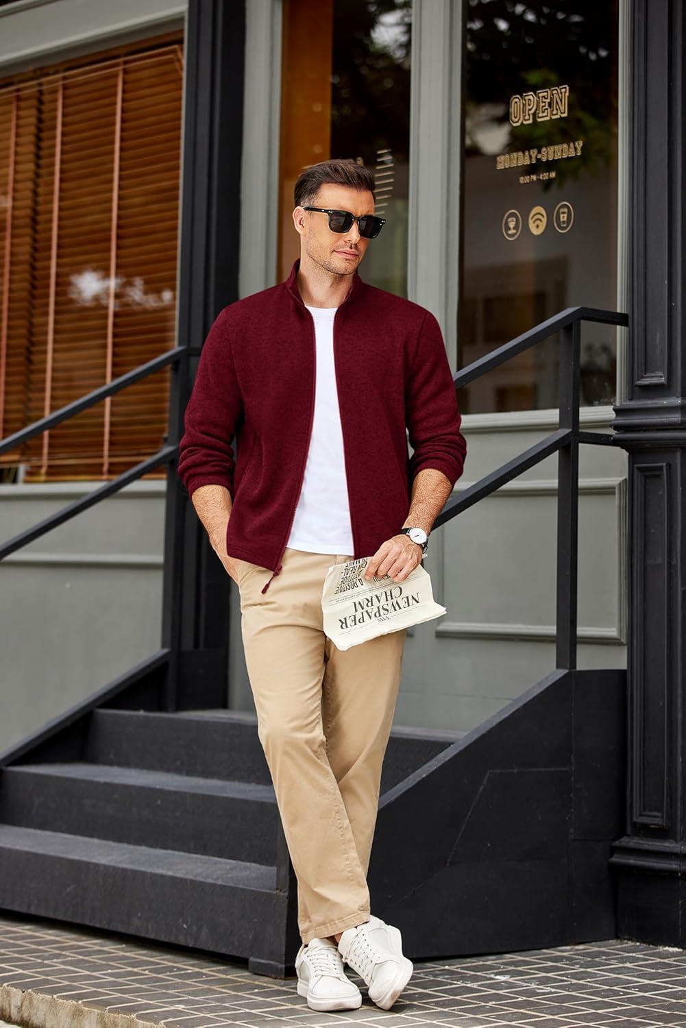 imageCOOFANDY Mens Fleece Jacket Zip Up Lightweight Sweater Jackets Casual Warm with Pockets for Home Office HikingRed