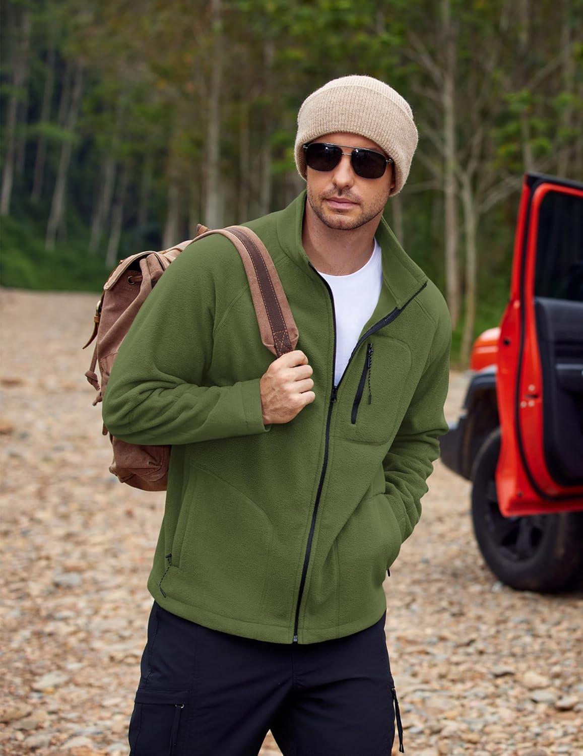 imageCOOFANDY Mens Fleece Jackets Full Zip Raglan Long Sleeve Lightweight Casual Outdoor Warm Jacket Coat with PocketsArmy Green