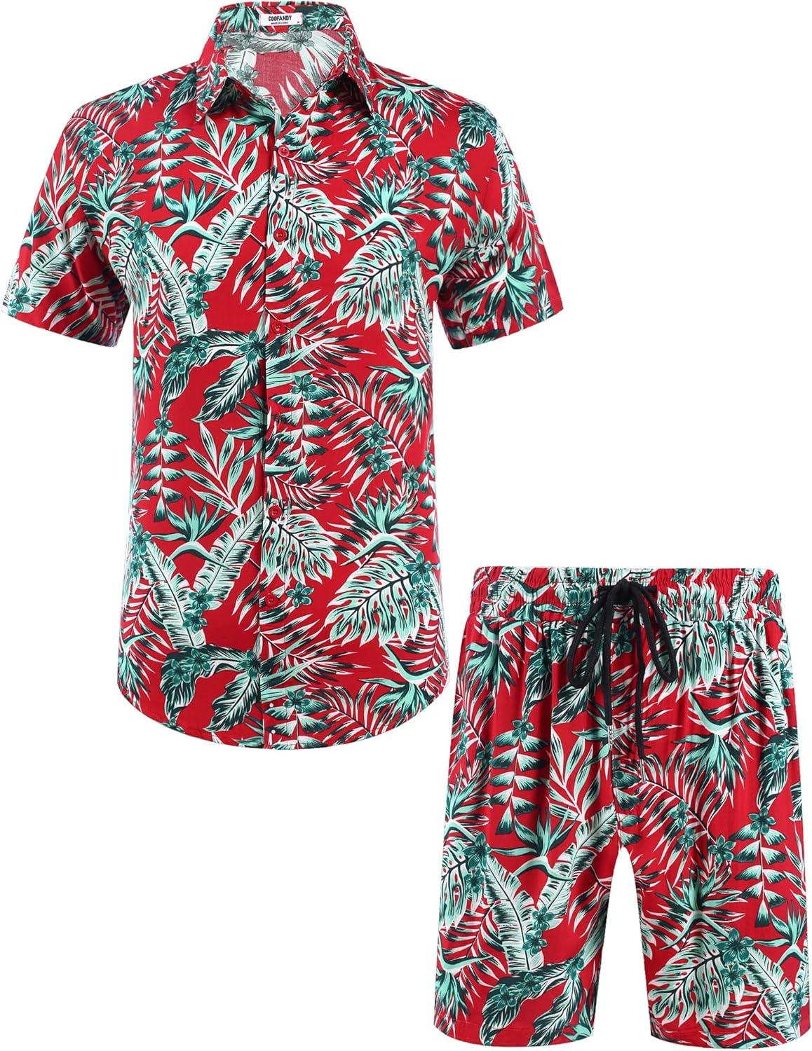 imageCOOFANDY Mens Hawaiian Matching Set Summer Beach 2 Piece Outfits Flower Button Down Shirts and Shorts Vacation OutfitsFlaming Oasis