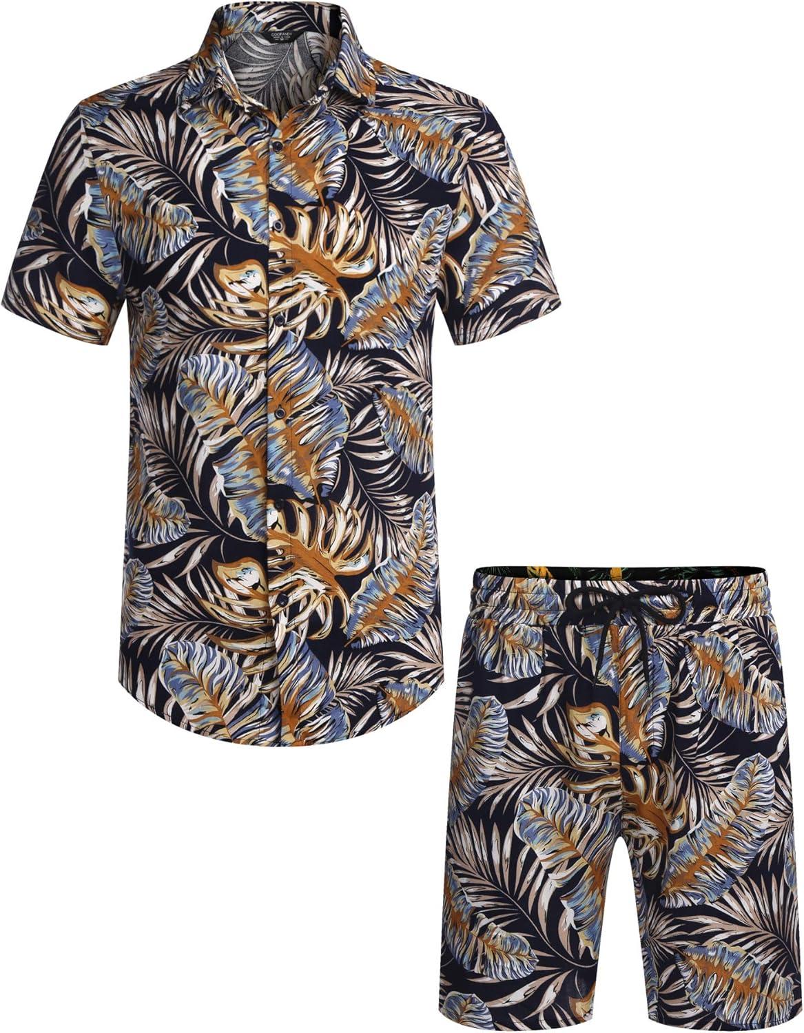 imageCOOFANDY Mens Hawaiian Matching Set Summer Beach 2 Piece Outfits Flower Button Down Shirts and Shorts Vacation OutfitsMulticolor