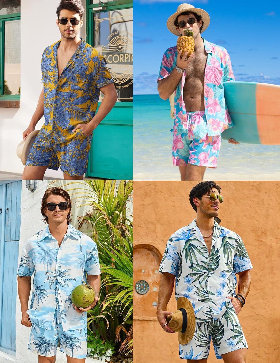 imageCOOFANDY Mens Hawaiian Matching Set Summer Beach 2 Piece Outfits Flower Button Down Shirts and Shorts Vacation OutfitsRetro Stripes