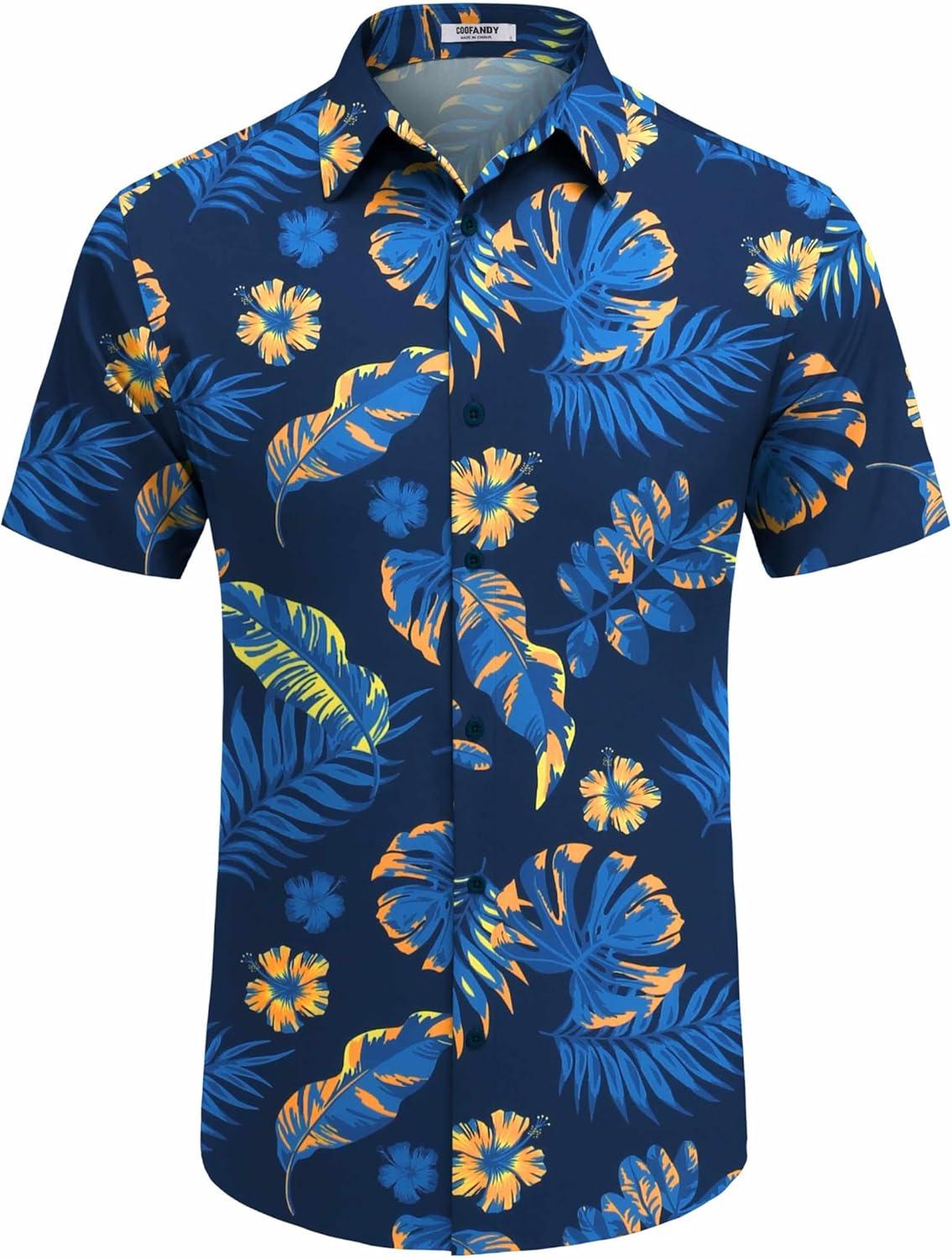 imageCOOFANDY Mens Hawaiian Shirt Short Sleeve Button Down Shirts Tropical Floral Summer Beach ShirtsNavy Palm Leaf