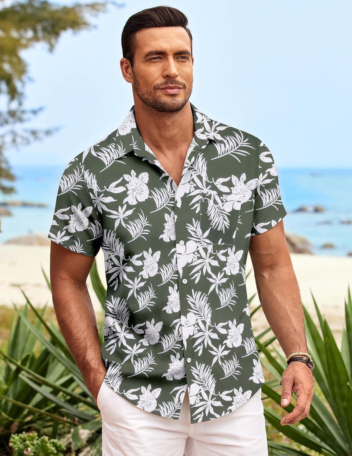 imageCOOFANDY Mens Hawaiian Shirt Short Sleeve Button Down Shirts Tropical Summer Beach Shirts Casual Floral Aloha ShirtsGreen Floral