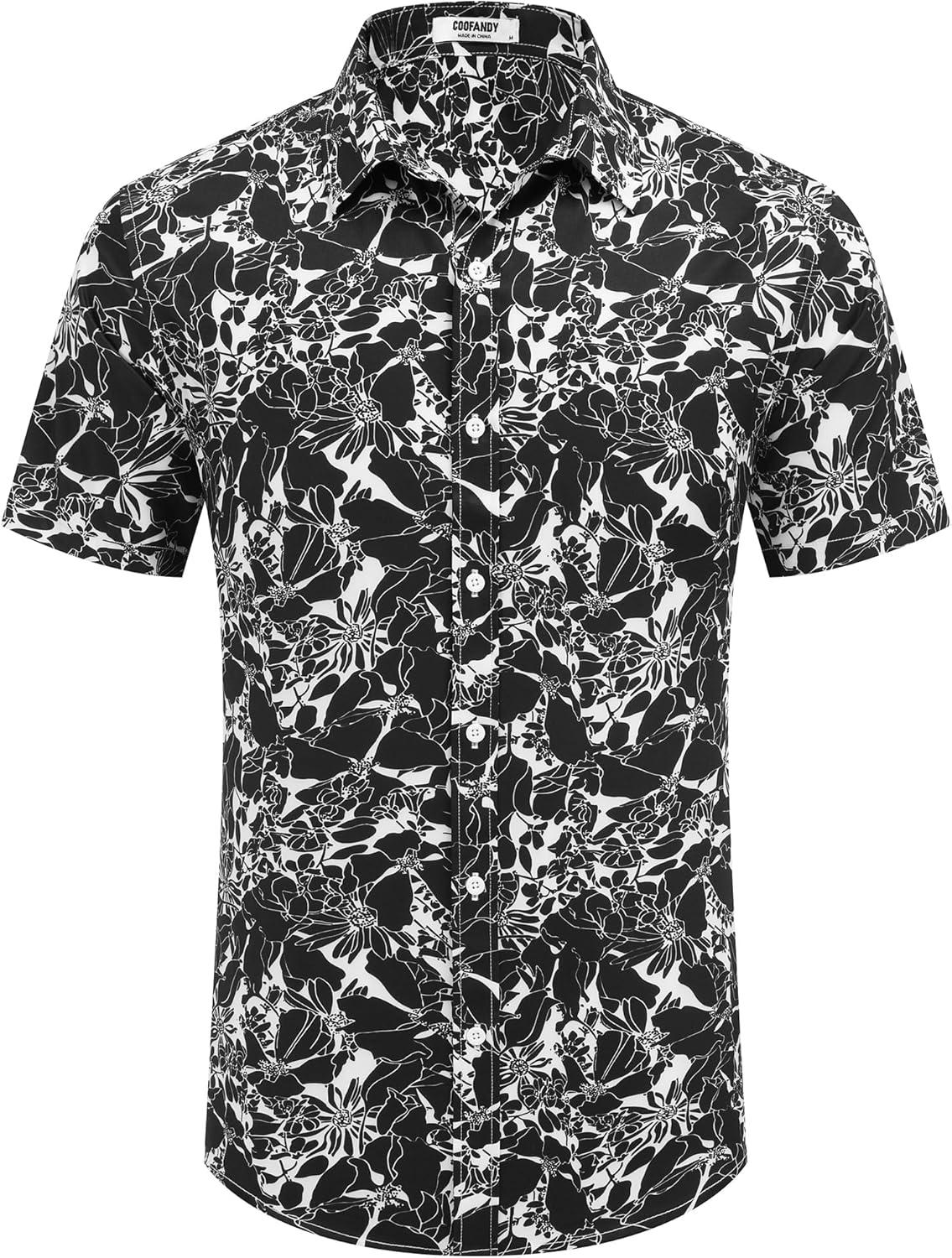 imageCOOFANDY Mens Hawaiian Shirts Short Sleeve Button Down Aloha Shirt Casual Beach ClothesA White Black Flower