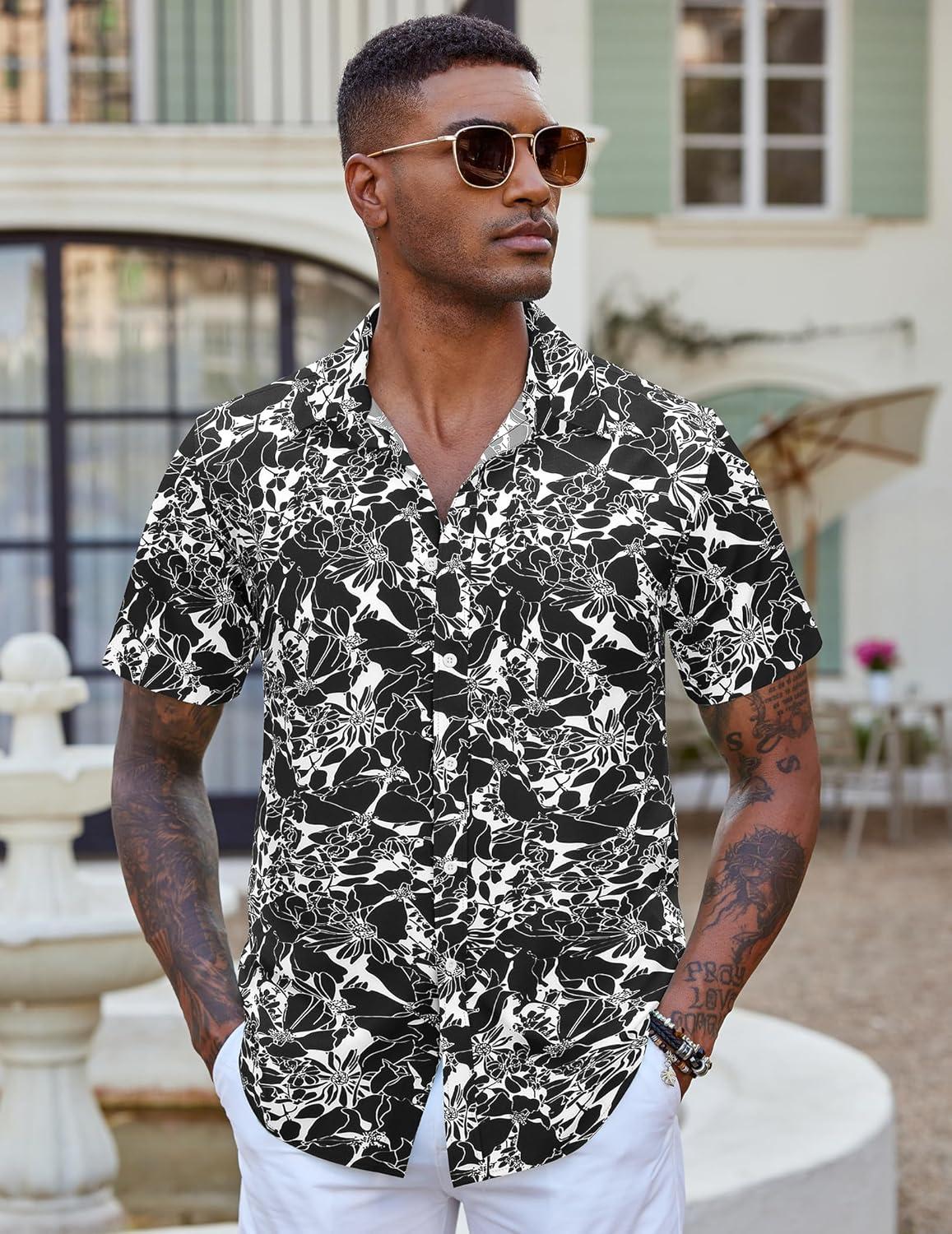 imageCOOFANDY Mens Hawaiian Shirts Short Sleeve Button Down Aloha Shirt Casual Beach ClothesA White Black Flower