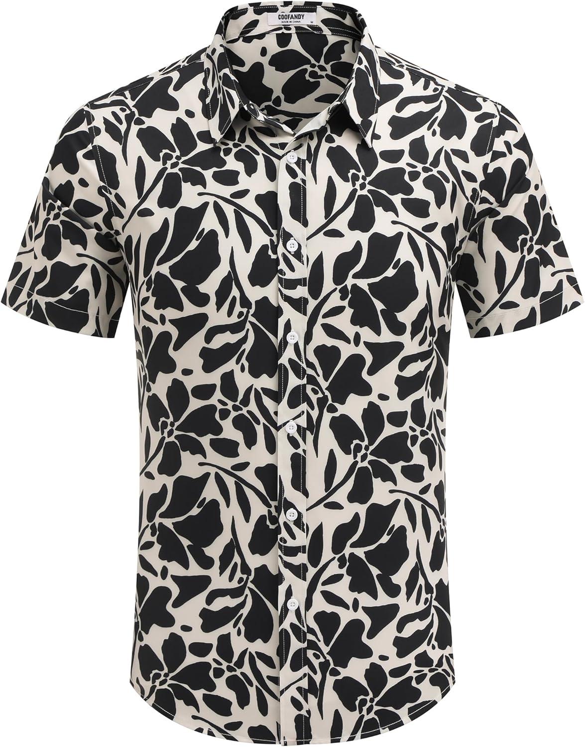 imageCOOFANDY Mens Hawaiian Shirts Short Sleeve Button Down Aloha Shirt Casual Beach ClothesBeige Black Flower