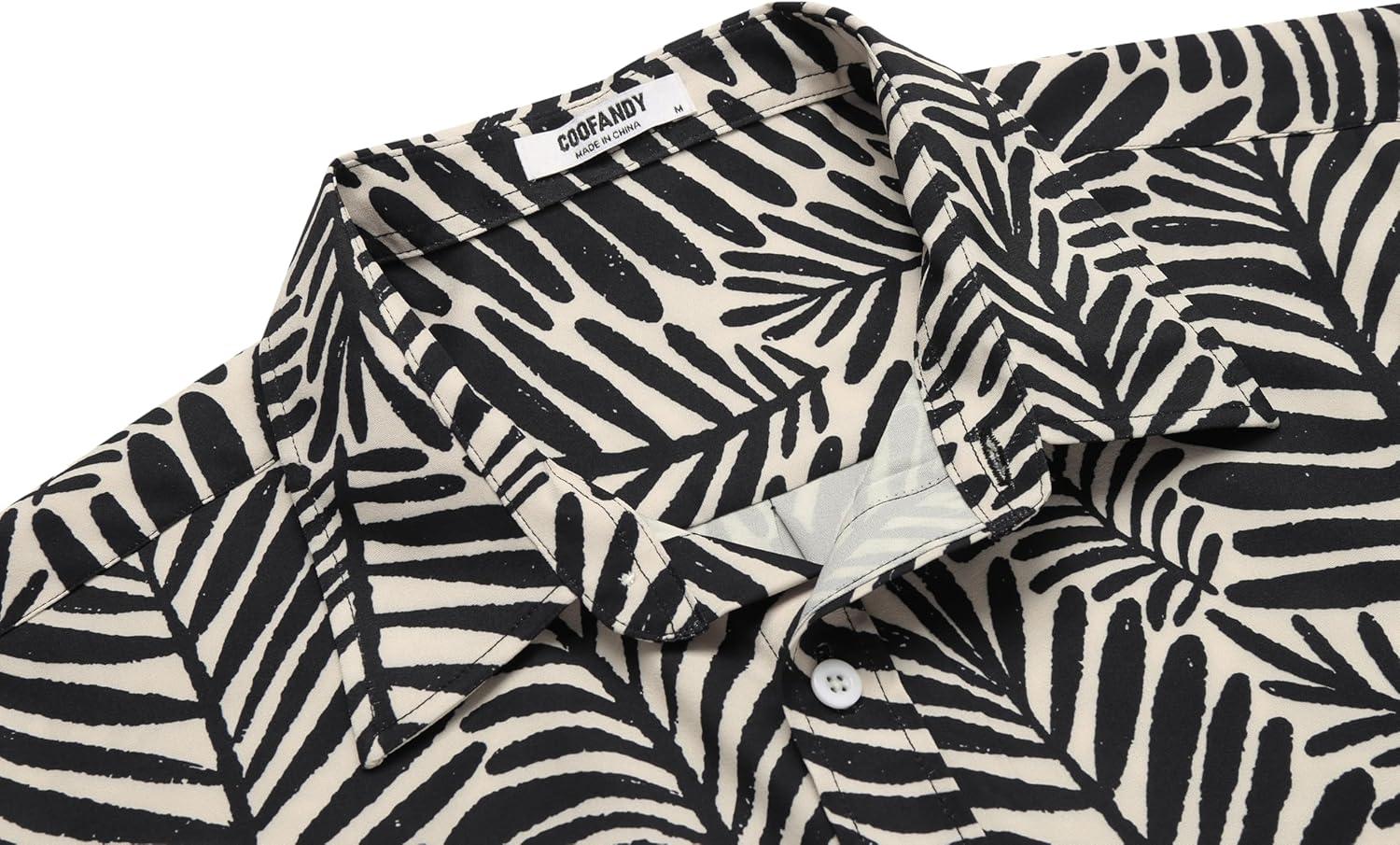 imageCOOFANDY Mens Hawaiian Shirts Short Sleeve Button Down Aloha Shirt Casual Beach ClothesBeige Black Leaves