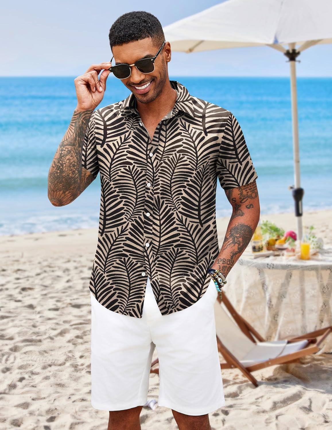 imageCOOFANDY Mens Hawaiian Shirts Short Sleeve Button Down Aloha Shirt Casual Beach ClothesBeige Black Leaves