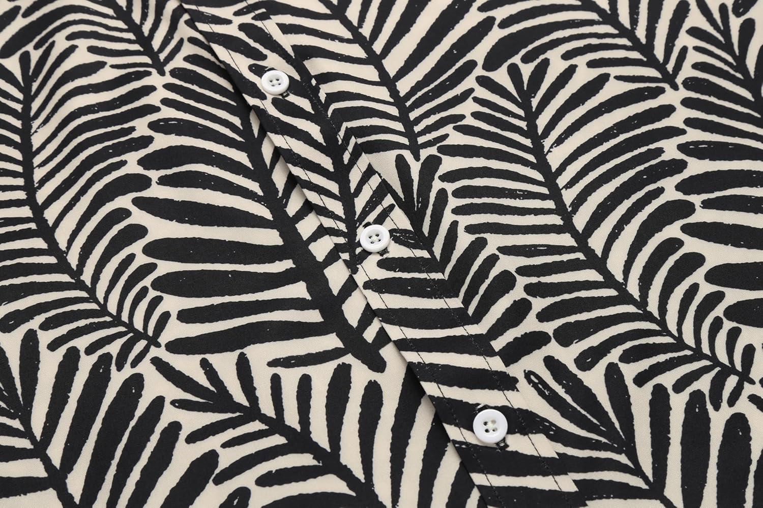 imageCOOFANDY Mens Hawaiian Shirts Short Sleeve Button Down Aloha Shirt Casual Beach ClothesBeige Black Leaves