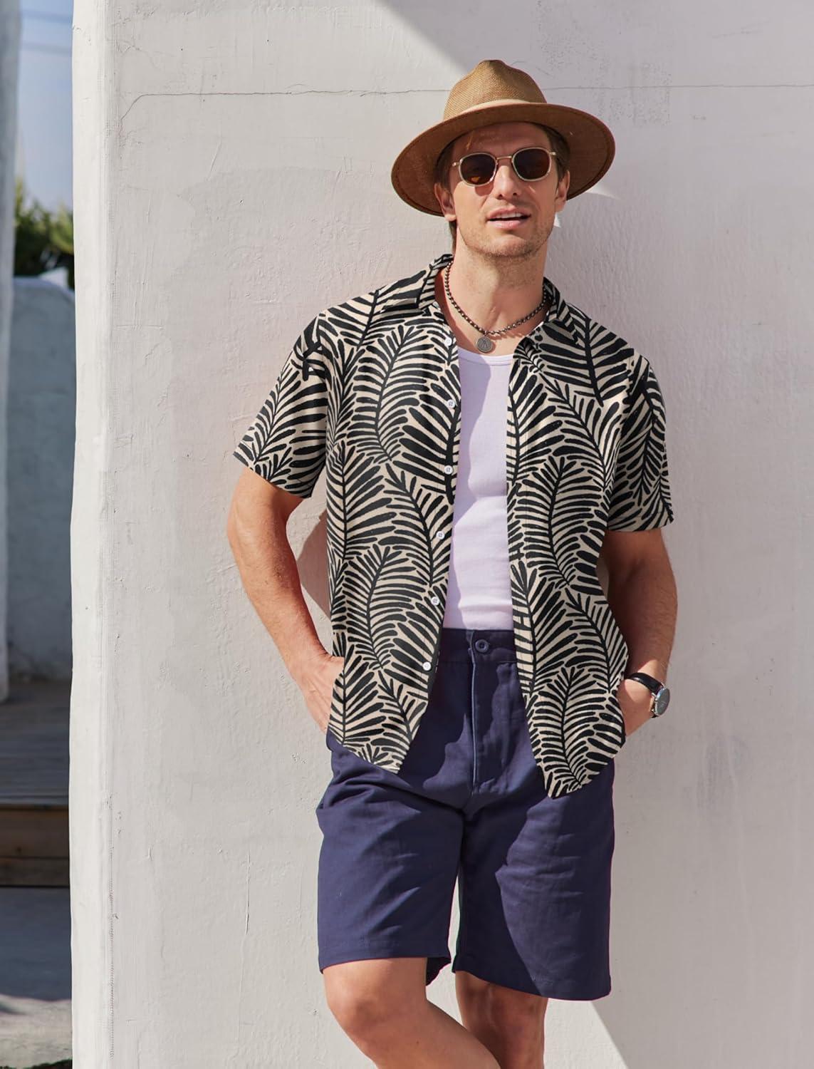 imageCOOFANDY Mens Hawaiian Shirts Short Sleeve Button Down Aloha Shirt Casual Beach ClothesBeige Black Leaves