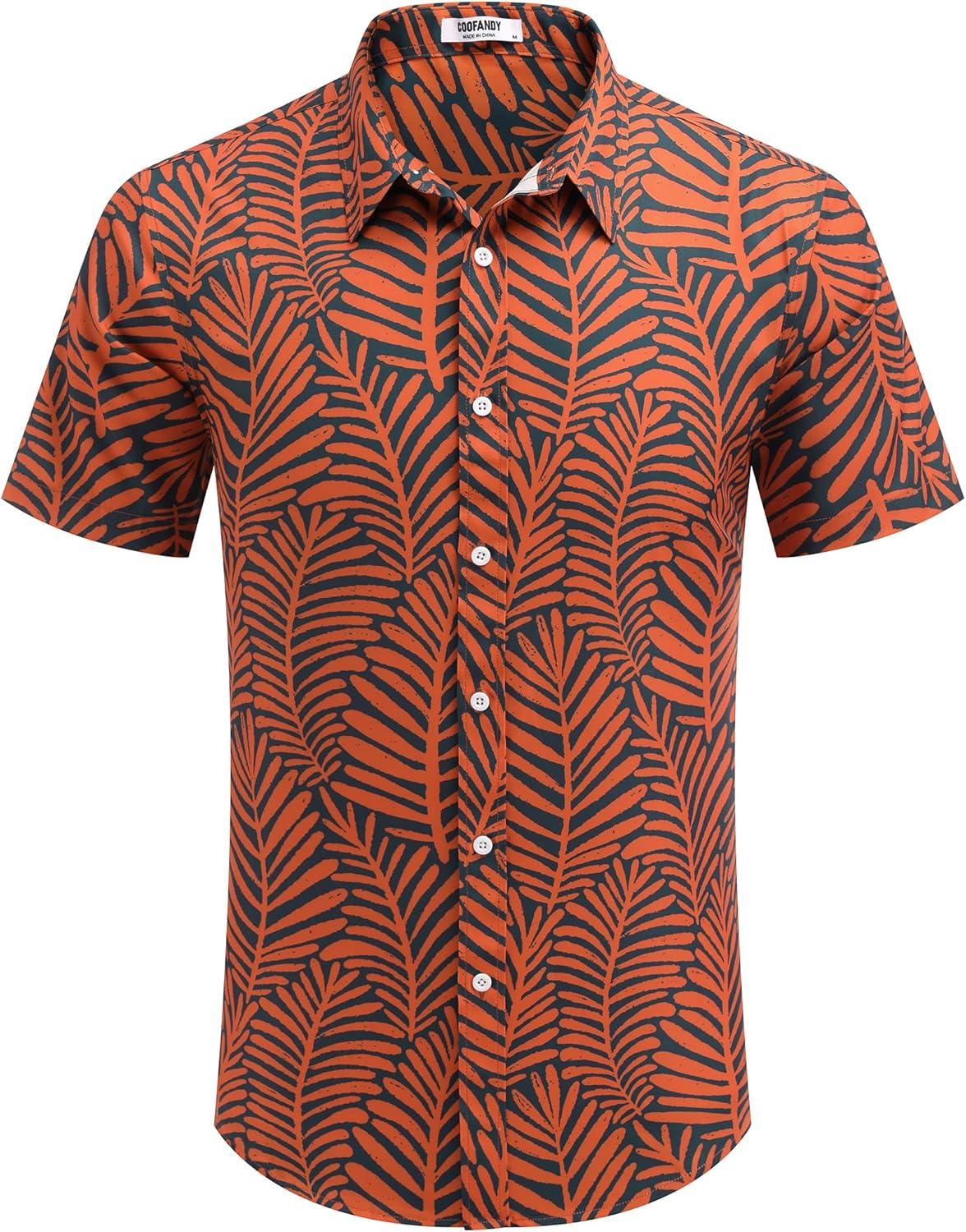 imageCOOFANDY Mens Hawaiian Shirts Short Sleeve Button Down Aloha Shirt Casual Beach ClothesDark Blue Orange Leaves