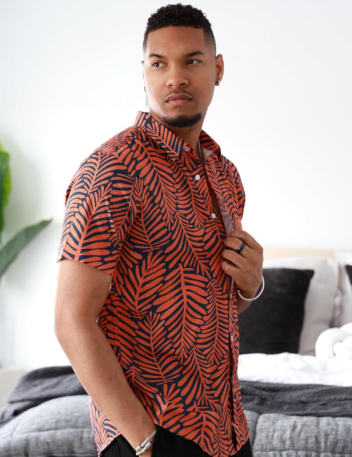 imageCOOFANDY Mens Hawaiian Shirts Short Sleeve Button Down Aloha Shirt Casual Beach ClothesDark Blue Orange Leaves