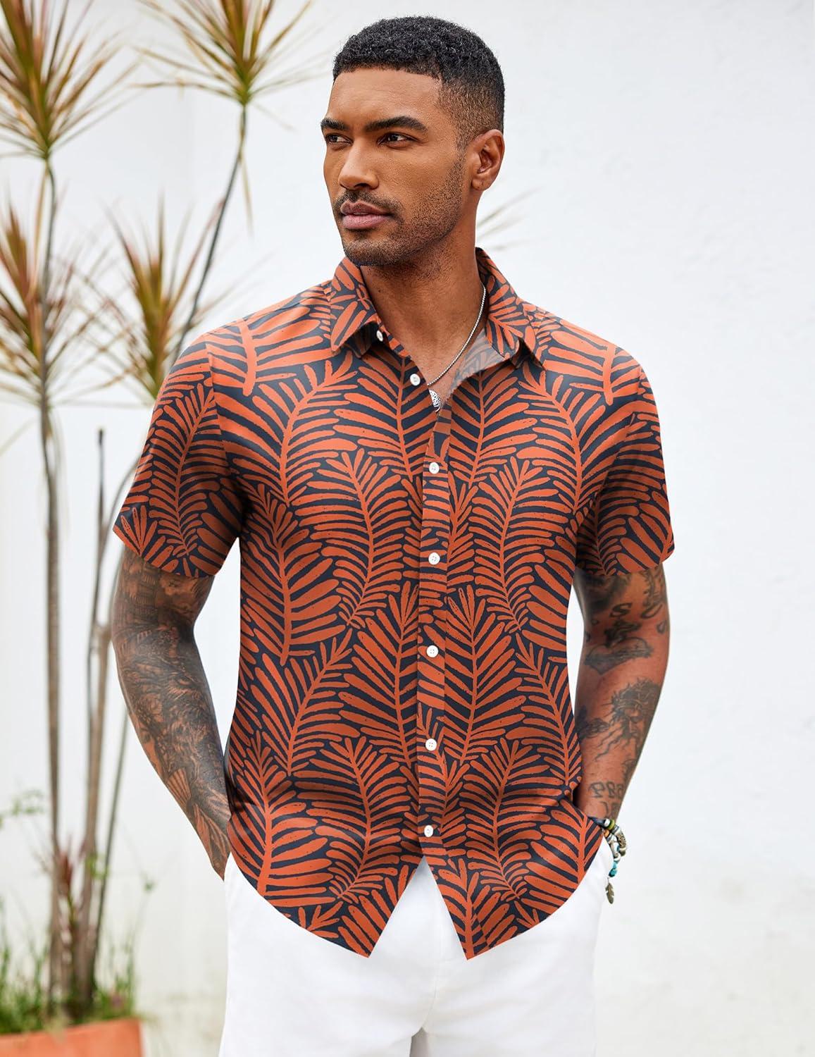 imageCOOFANDY Mens Hawaiian Shirts Short Sleeve Button Down Aloha Shirt Casual Beach ClothesDark Blue Orange Leaves
