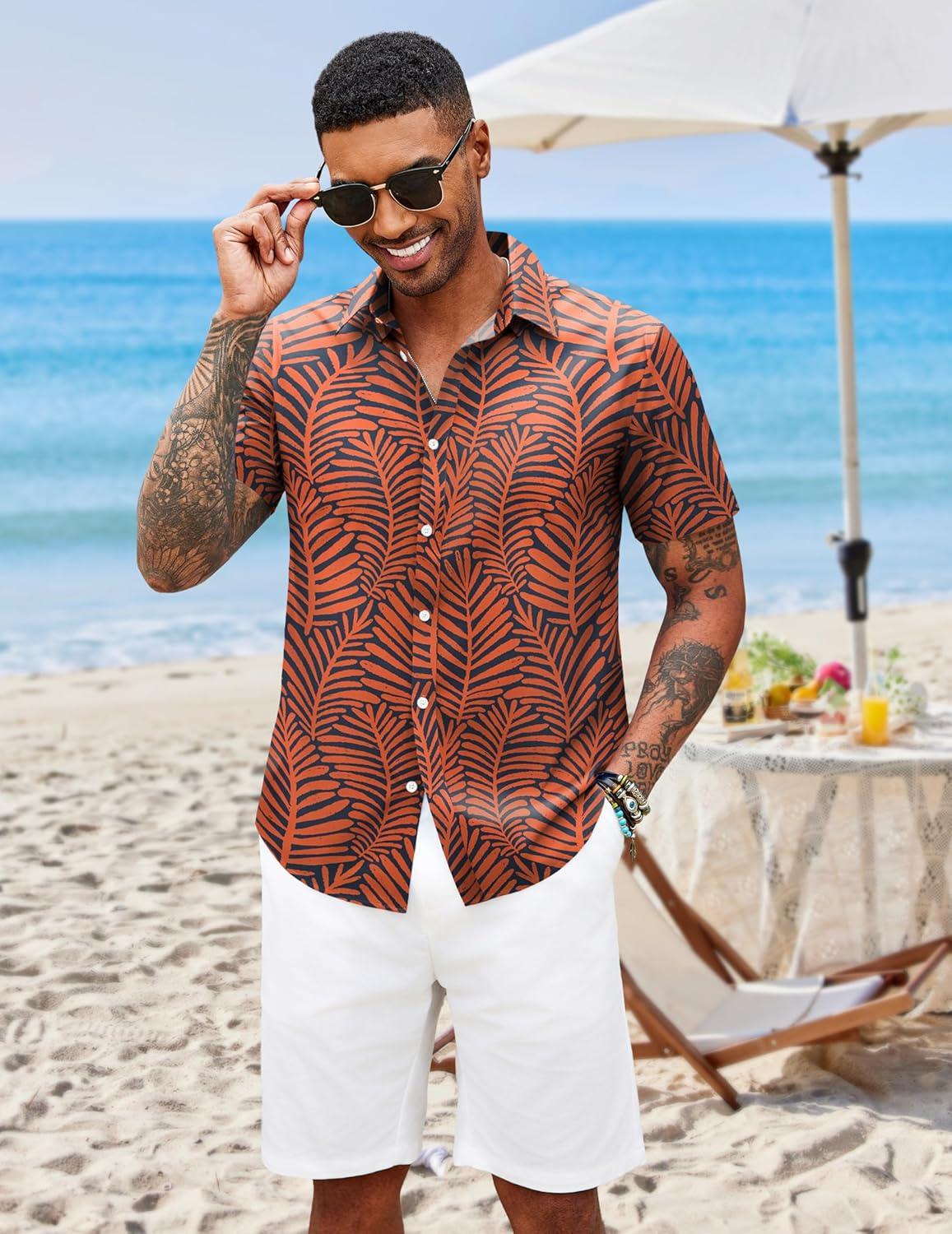 imageCOOFANDY Mens Hawaiian Shirts Short Sleeve Button Down Aloha Shirt Casual Beach ClothesDark Blue Orange Leaves