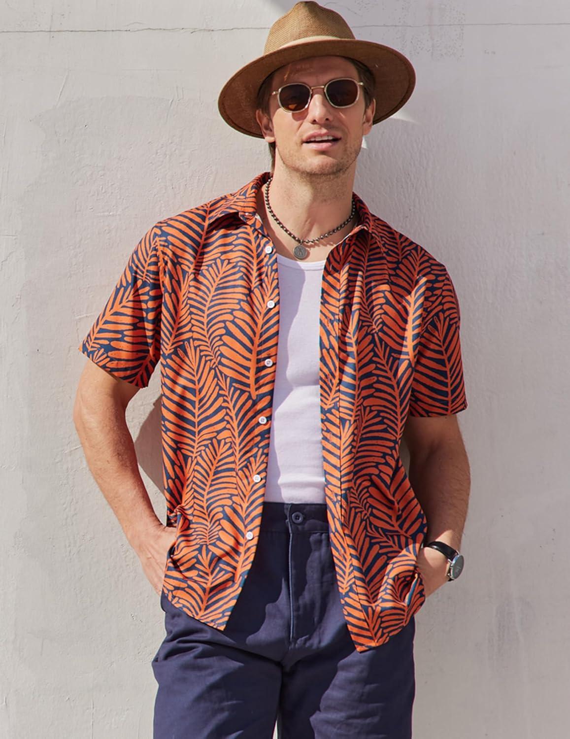imageCOOFANDY Mens Hawaiian Shirts Short Sleeve Button Down Aloha Shirt Casual Beach ClothesDark Blue Orange Leaves