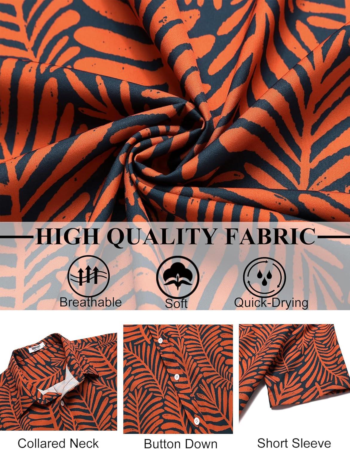 imageCOOFANDY Mens Hawaiian Shirts Short Sleeve Button Down Aloha Shirt Casual Beach ClothesDark Blue Orange Leaves