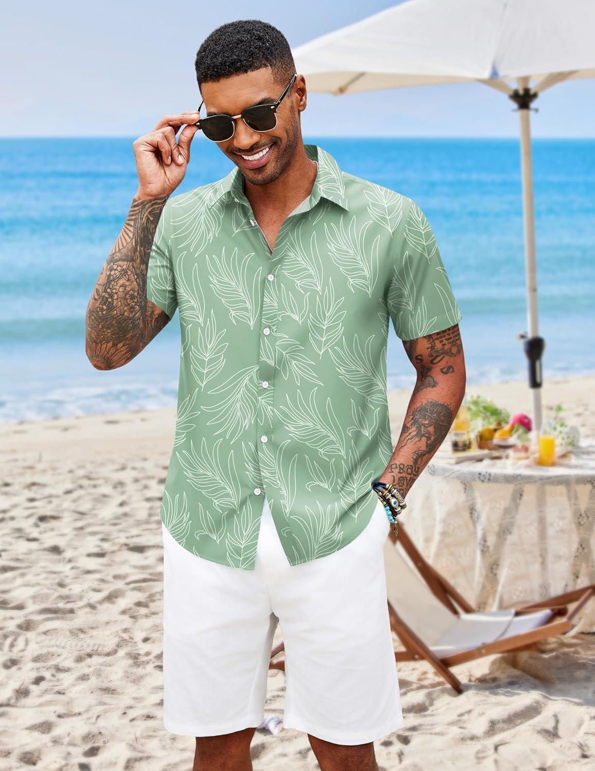 imageCOOFANDY Mens Hawaiian Shirts Short Sleeve Button Down Aloha Shirt Casual Beach ClothesLight Green
