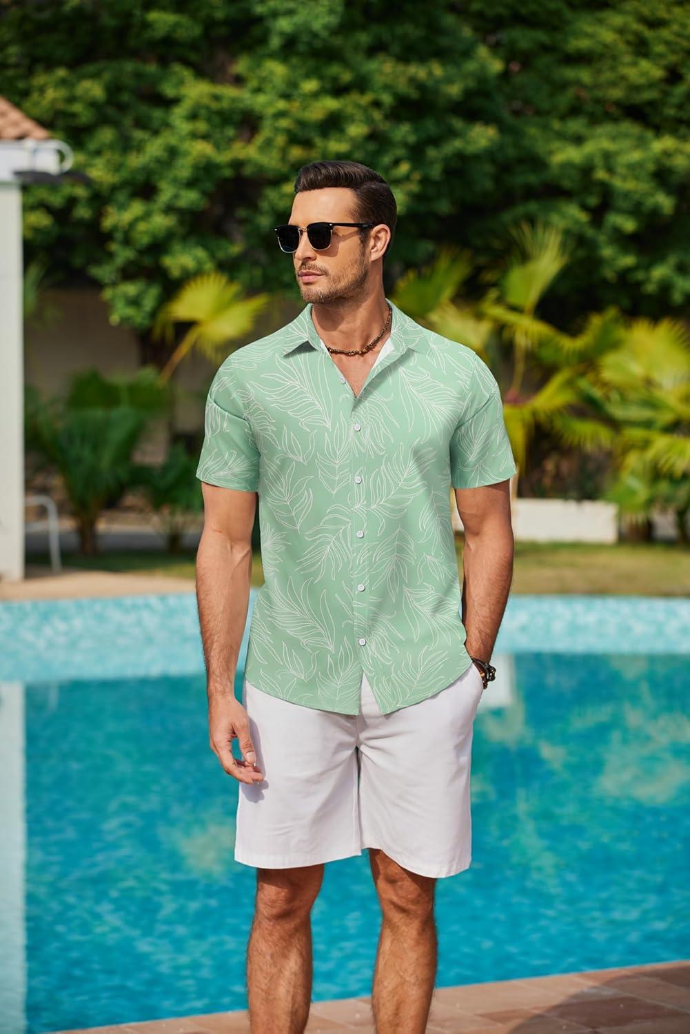 imageCOOFANDY Mens Hawaiian Shirts Short Sleeve Button Down Aloha Shirt Casual Beach ClothesLight Green