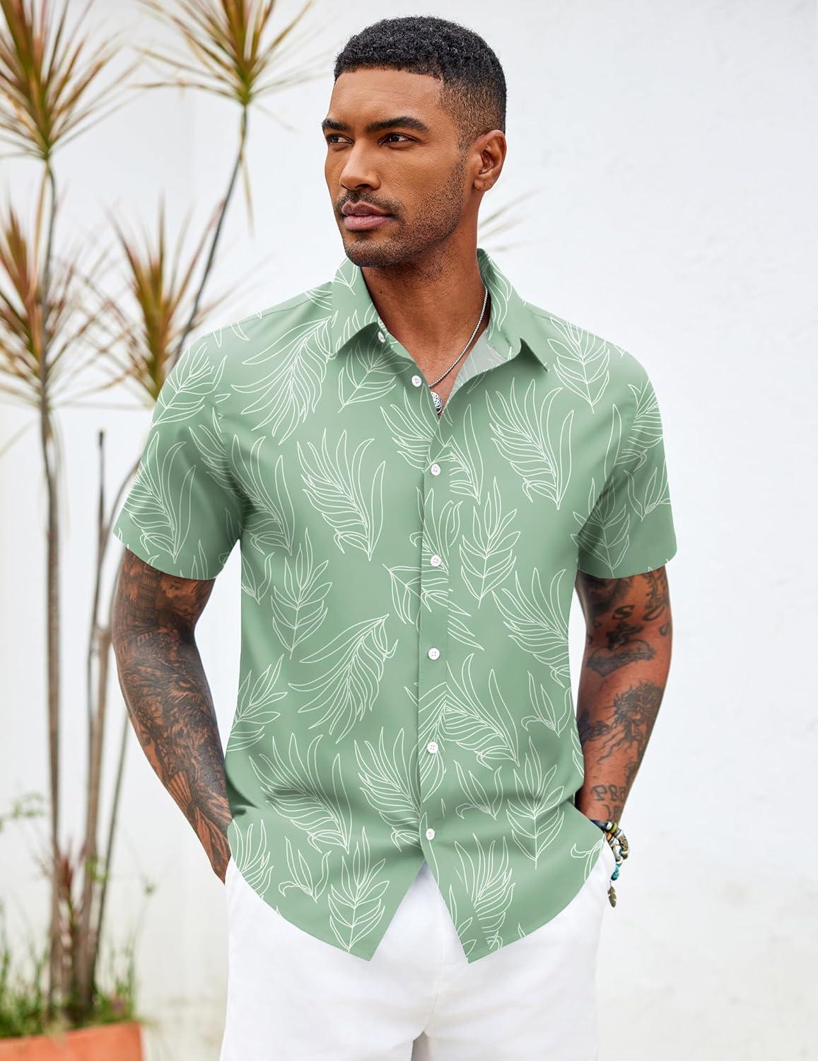 imageCOOFANDY Mens Hawaiian Shirts Short Sleeve Button Down Aloha Shirt Casual Beach ClothesLight Green