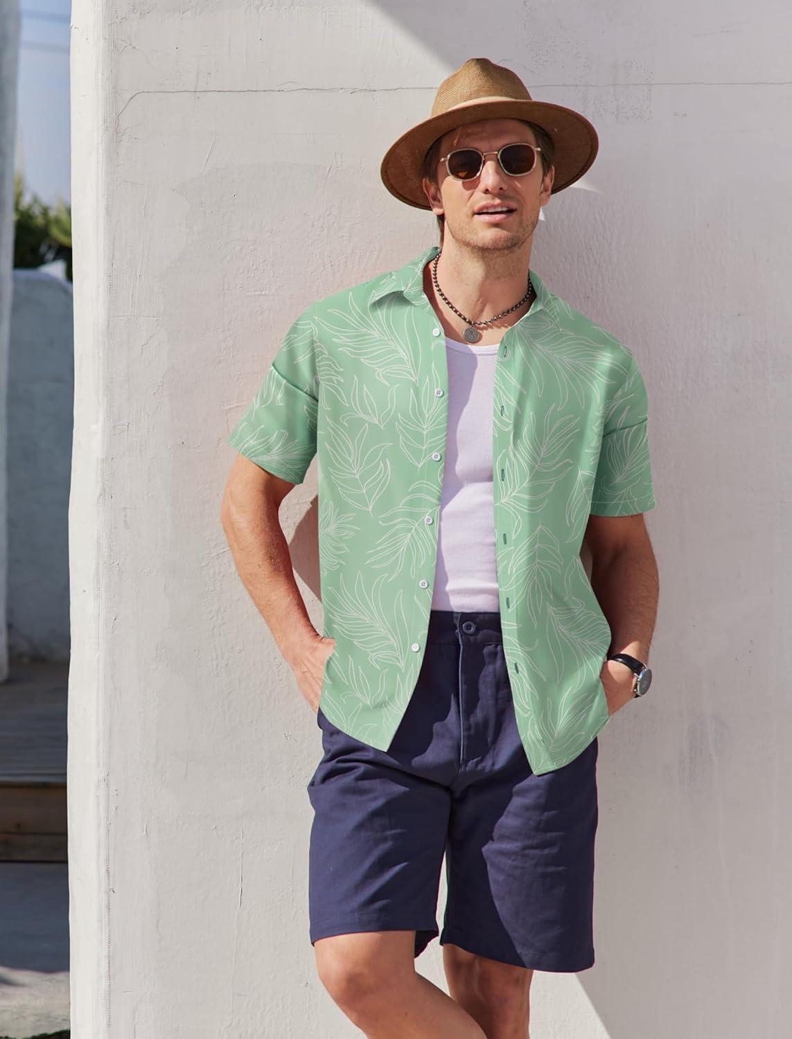 imageCOOFANDY Mens Hawaiian Shirts Short Sleeve Button Down Aloha Shirt Casual Beach ClothesLight Green