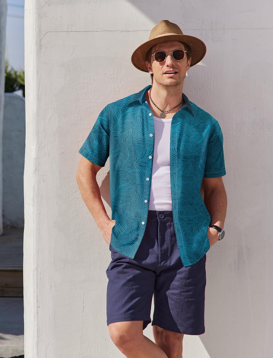 imageCOOFANDY Mens Hawaiian Shirts Short Sleeve Button Down Aloha Shirt Casual Beach ClothesNavy Blue Lake Green