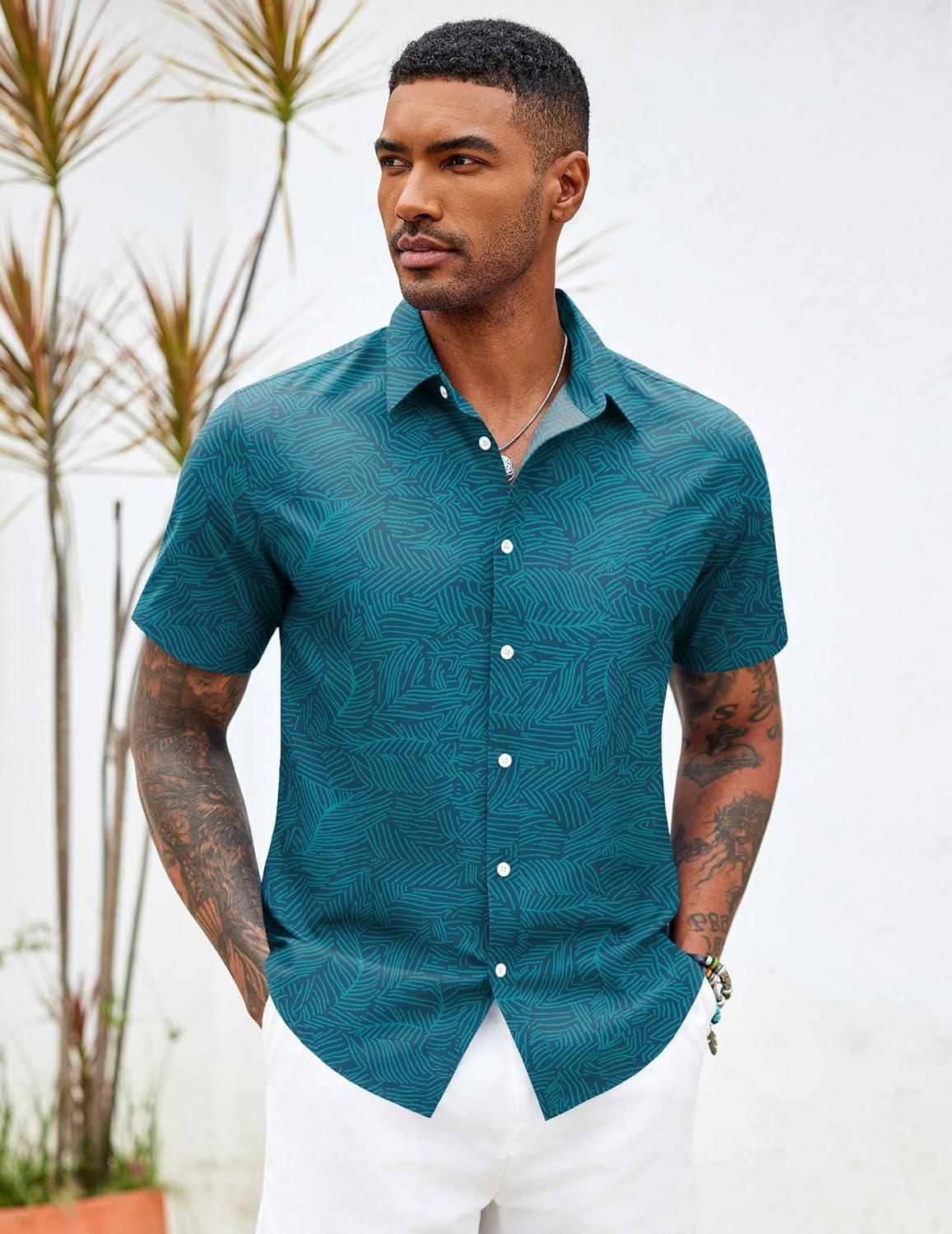 imageCOOFANDY Mens Hawaiian Shirts Short Sleeve Button Down Aloha Shirt Casual Beach ClothesNavy Blue Lake Green