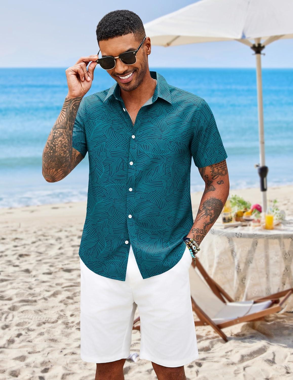 imageCOOFANDY Mens Hawaiian Shirts Short Sleeve Button Down Aloha Shirt Casual Beach ClothesNavy Blue Lake Green