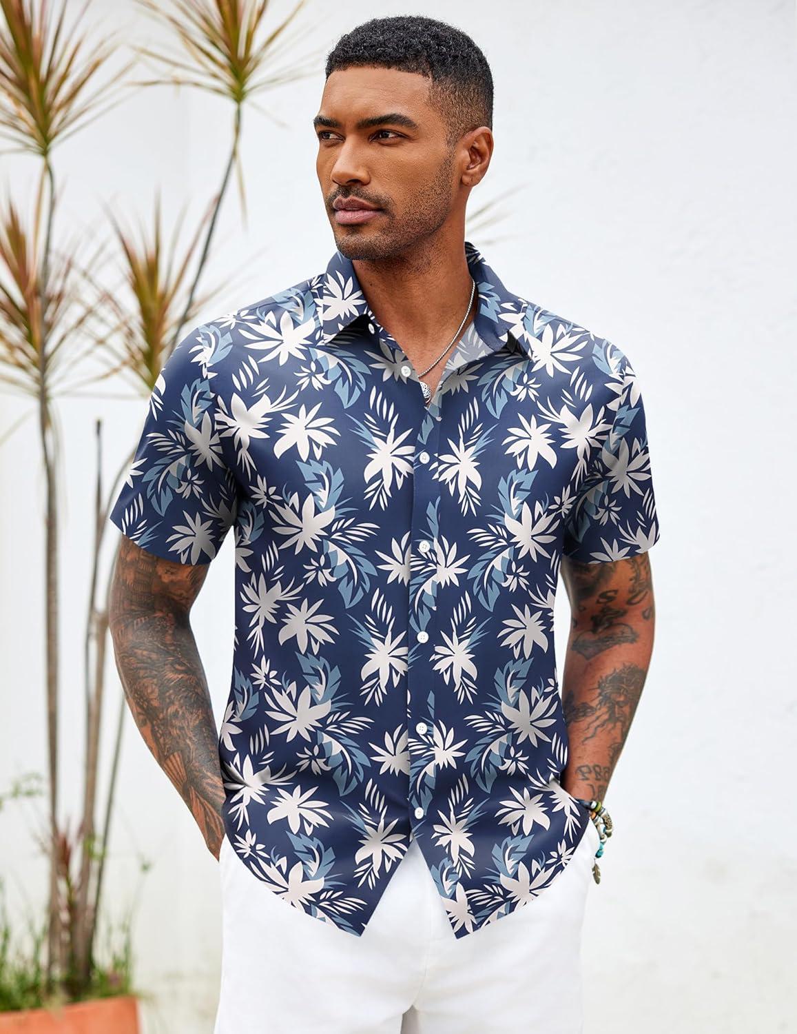 imageCOOFANDY Mens Hawaiian Shirts Short Sleeve Button Down Aloha Shirt Casual Beach ClothesNavy Blue White Flower
