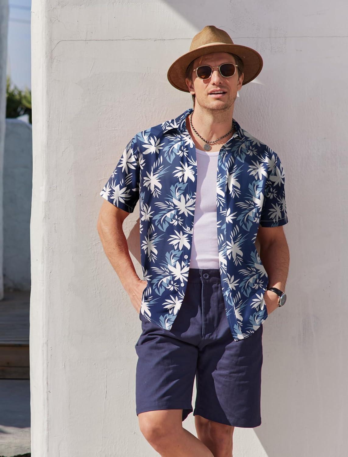 imageCOOFANDY Mens Hawaiian Shirts Short Sleeve Button Down Aloha Shirt Casual Beach ClothesNavy Blue White Flower