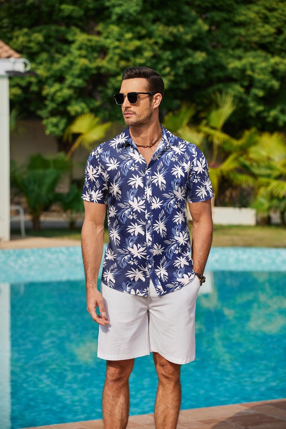 imageCOOFANDY Mens Hawaiian Shirts Short Sleeve Button Down Aloha Shirt Casual Beach ClothesNavy Blue White Flower