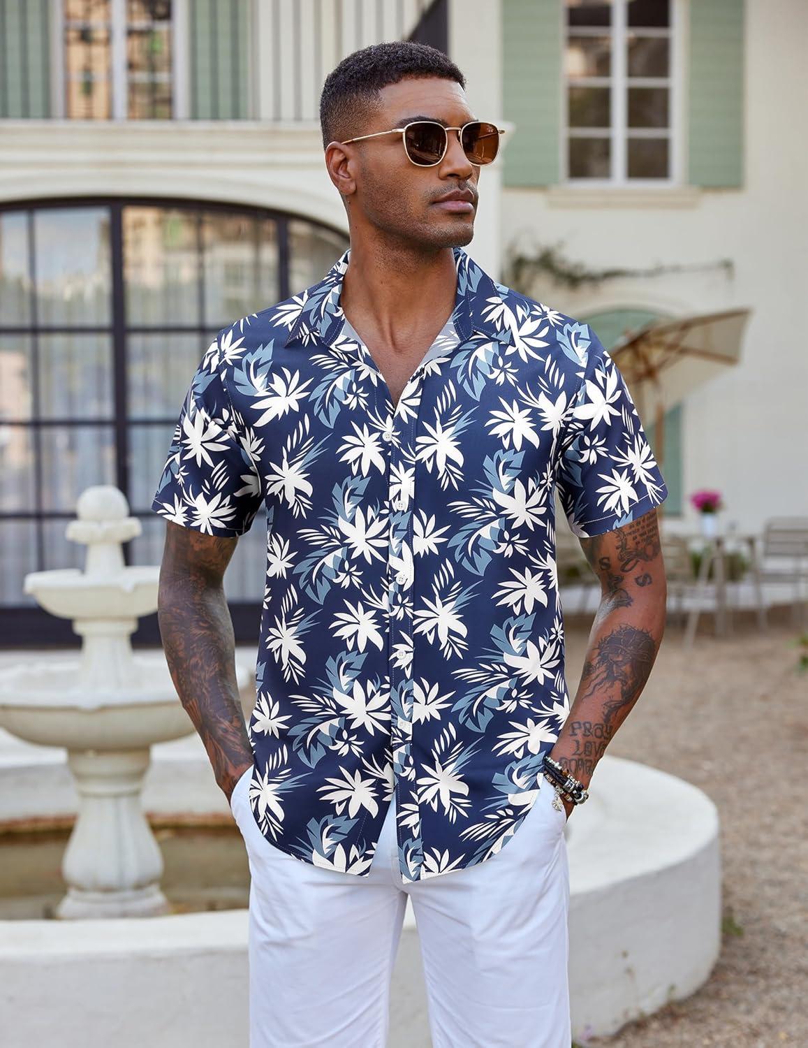 imageCOOFANDY Mens Hawaiian Shirts Short Sleeve Button Down Aloha Shirt Casual Beach ClothesNavy Blue White Flower