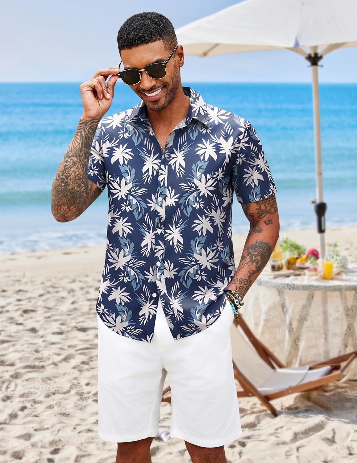 imageCOOFANDY Mens Hawaiian Shirts Short Sleeve Button Down Aloha Shirt Casual Beach ClothesNavy Blue White Flower