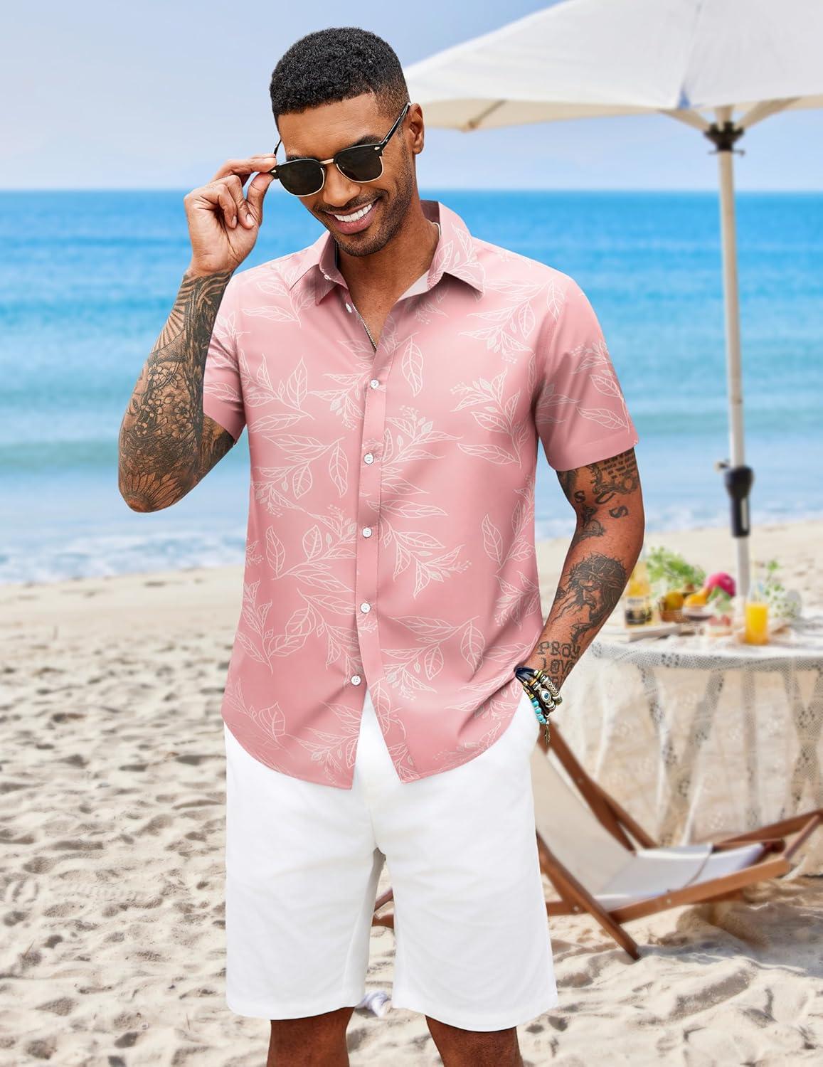 imageCOOFANDY Mens Hawaiian Shirts Short Sleeve Button Down Aloha Shirt Casual Beach ClothesPink