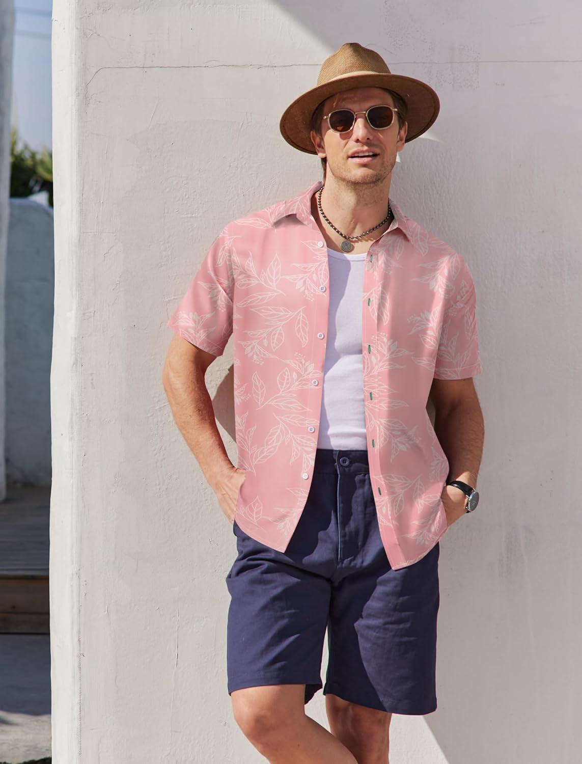 imageCOOFANDY Mens Hawaiian Shirts Short Sleeve Button Down Aloha Shirt Casual Beach ClothesPink