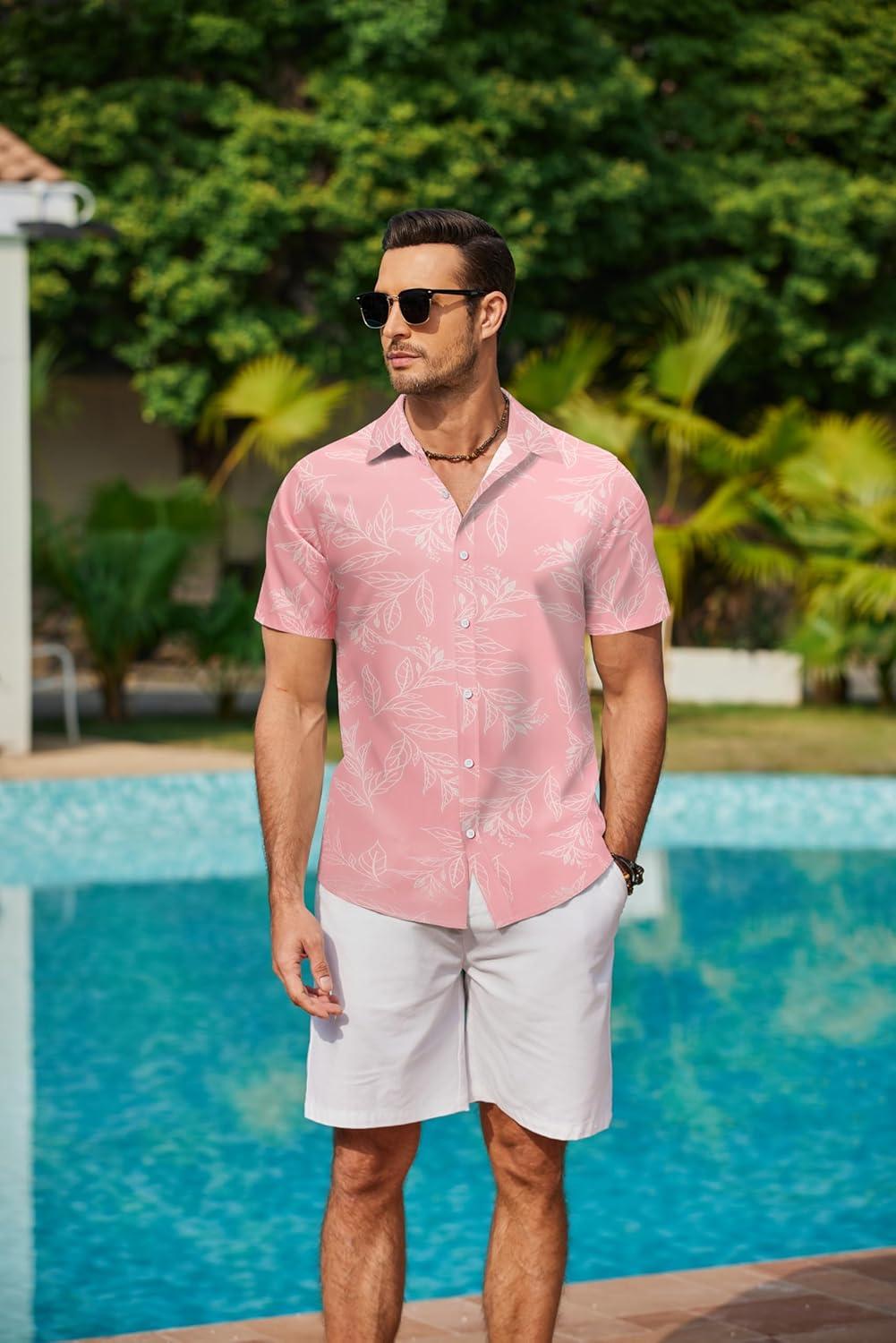 imageCOOFANDY Mens Hawaiian Shirts Short Sleeve Button Down Aloha Shirt Casual Beach ClothesPink