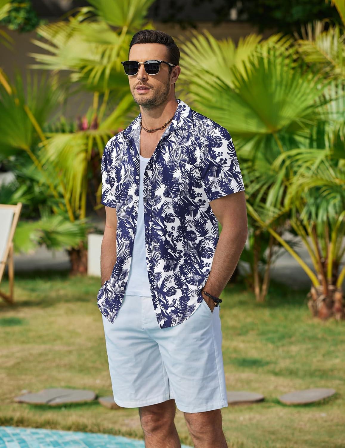 imageCOOFANDY Mens Hawaiian Shirts Short Sleeve Button Down Aloha Shirt Casual Beach ClothesWhite Palm Leaf