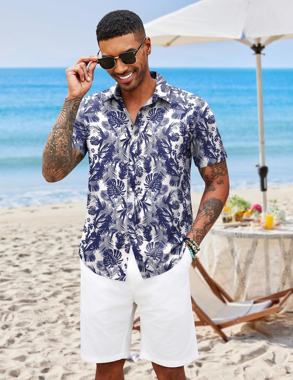 imageCOOFANDY Mens Hawaiian Shirts Short Sleeve Button Down Aloha Shirt Casual Beach ClothesWhite Palm Leaf