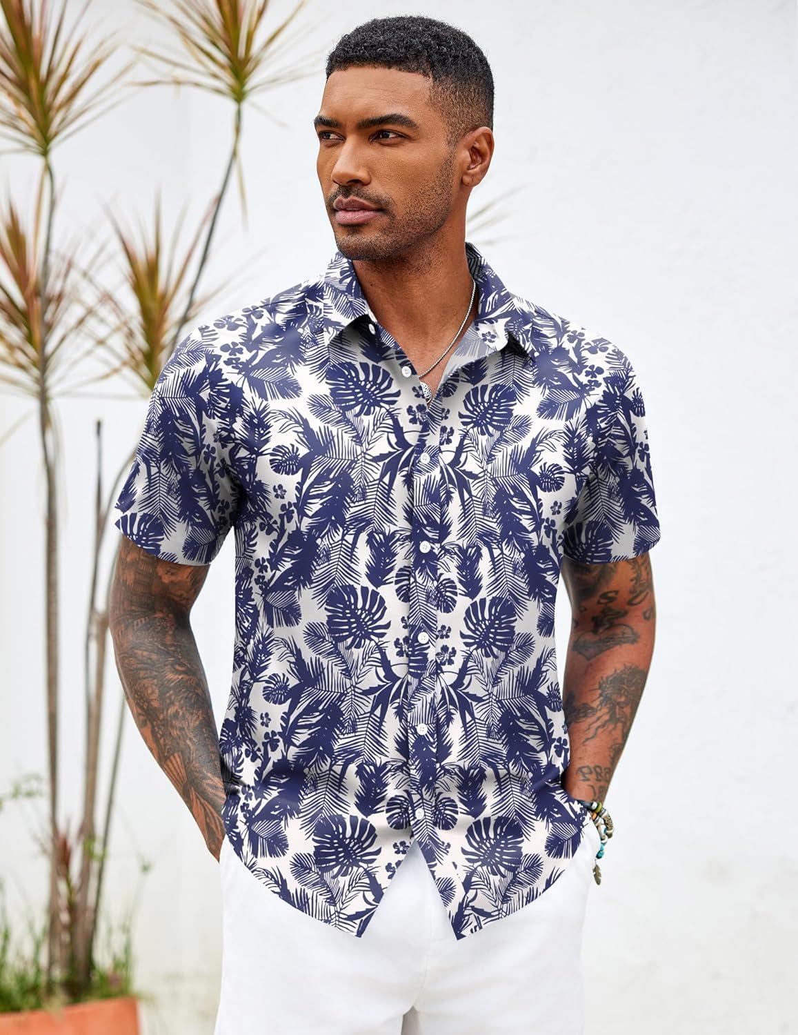 imageCOOFANDY Mens Hawaiian Shirts Short Sleeve Button Down Aloha Shirt Casual Beach ClothesWhite Palm Leaf