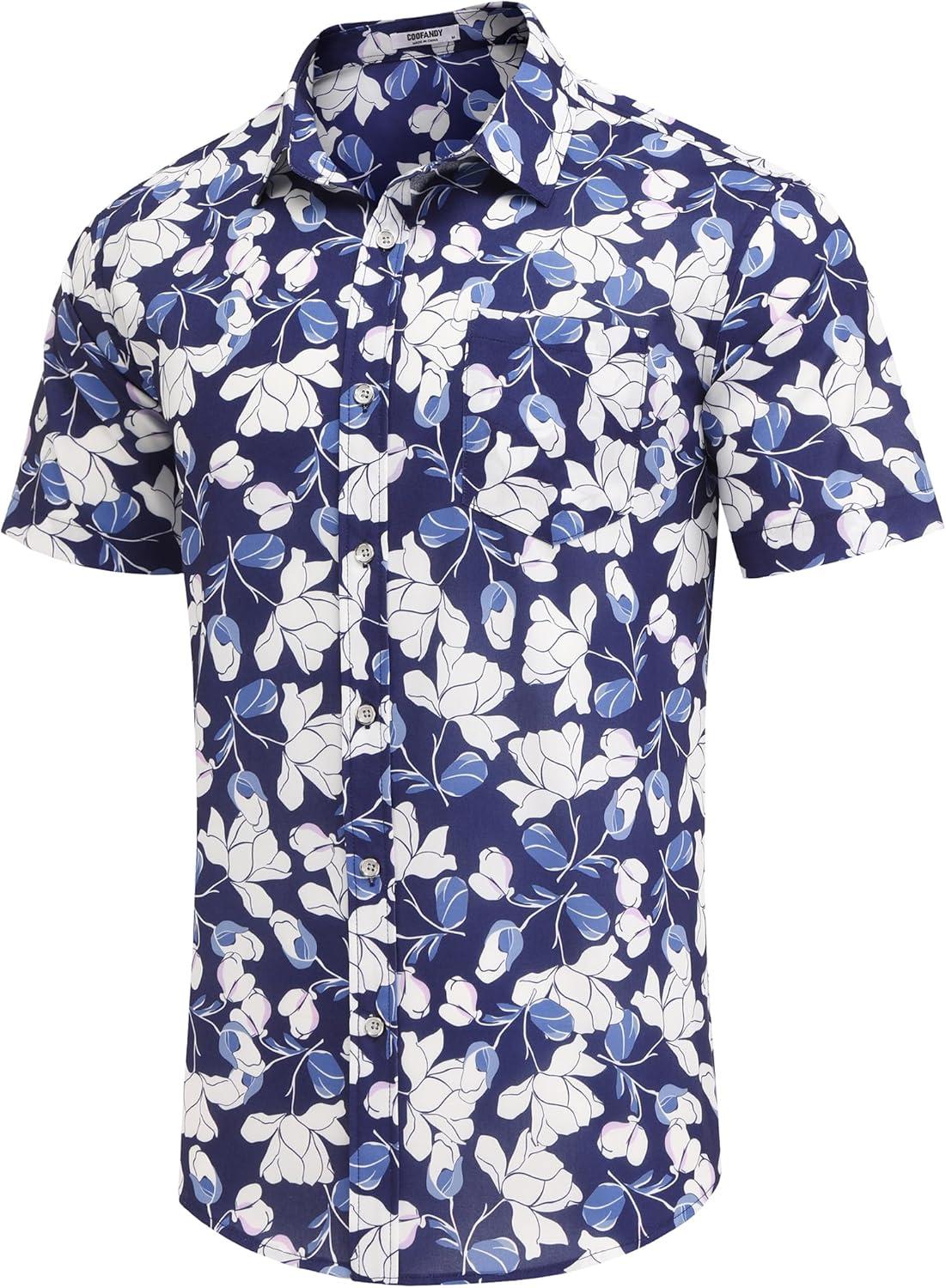 imageCOOFANDY Mens Hawaiian Shirts Short Sleeve Casual Button Down Tropical Beach ShirtB Navy Blue White Floral