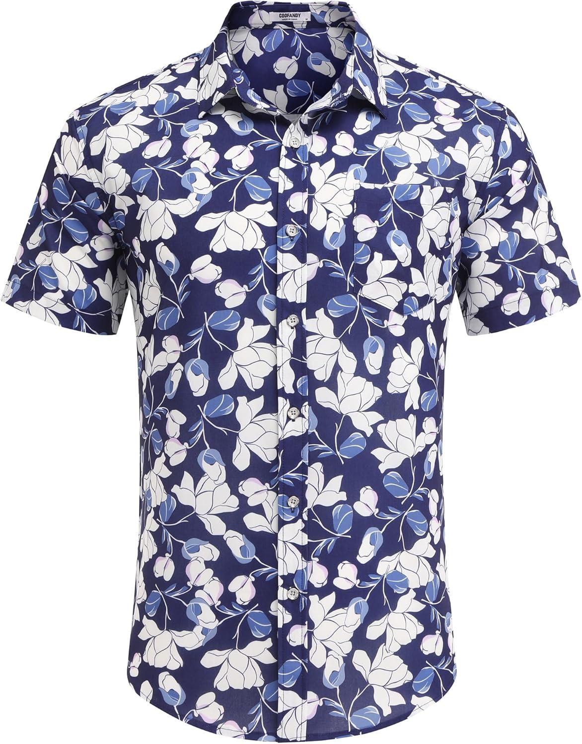 imageCOOFANDY Mens Hawaiian Shirts Short Sleeve Casual Button Down Tropical Beach ShirtB Navy Blue White Floral