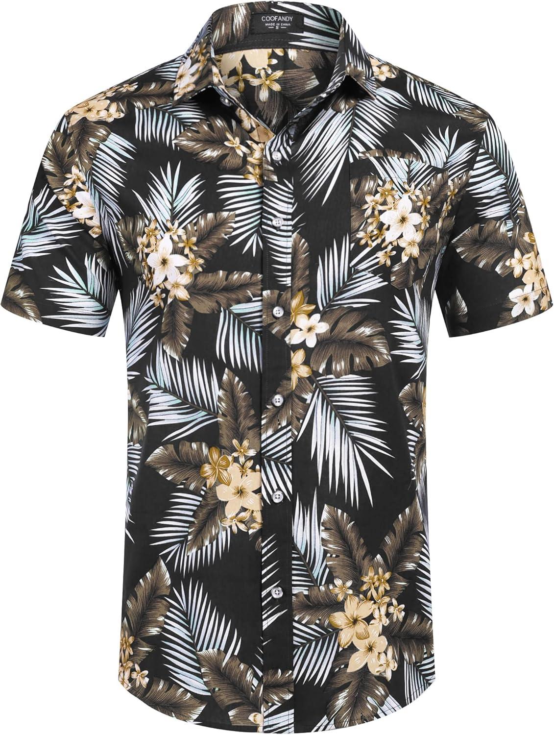 imageCOOFANDY Mens Hawaiian Shirts Short Sleeve Casual Button Down Tropical Beach ShirtBlack Plam Leaf