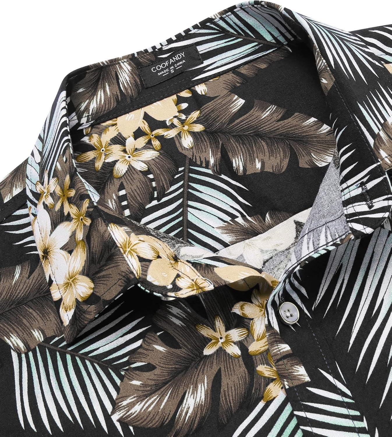 imageCOOFANDY Mens Hawaiian Shirts Short Sleeve Casual Button Down Tropical Beach ShirtBlack Plam Leaf